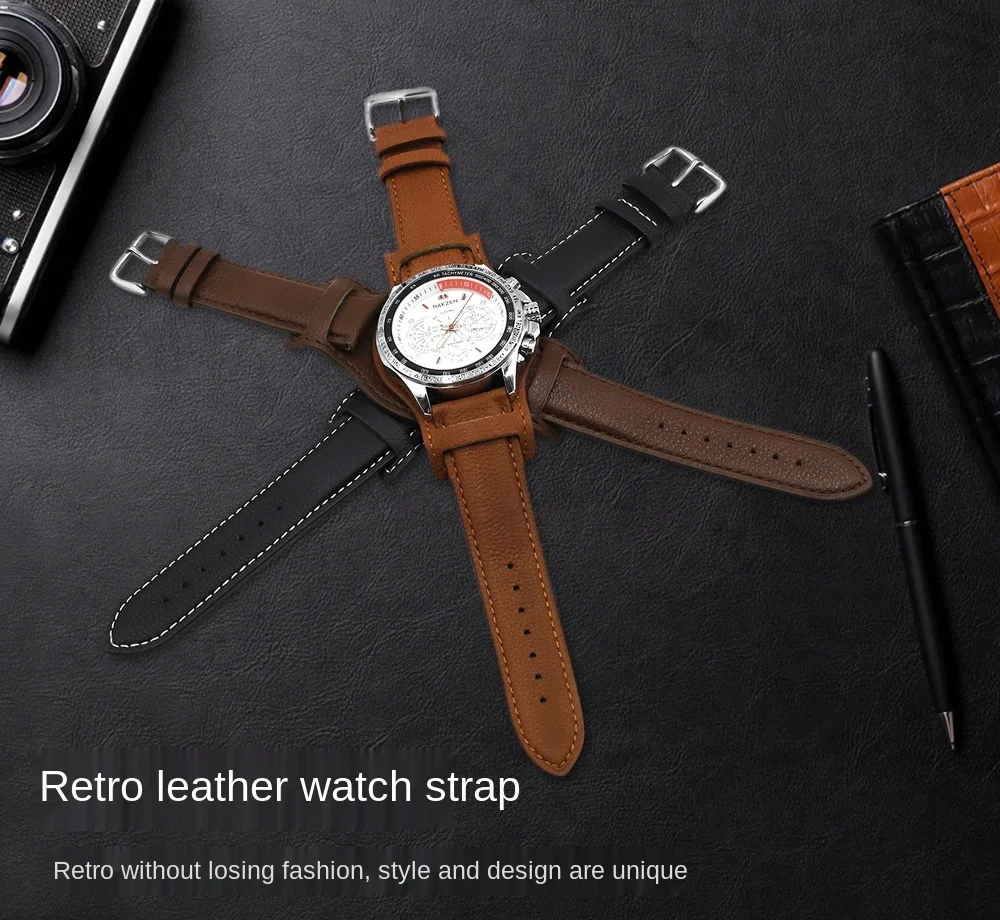 

New Bottom Support Fashion Tray Strap Black Retro Soft Leather Stainless Steel Buckle Sports Sweat-proof Top Layer Leather Strap