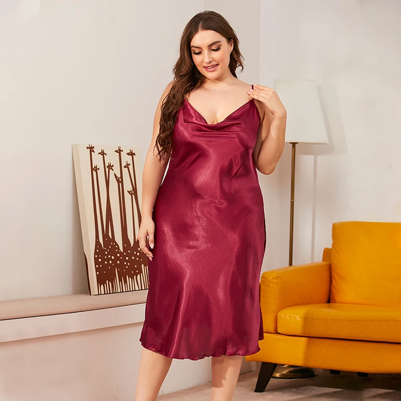 

Summer Solid Silky Slik Like Plus Size Camisole Woman Night Dress G211MS008XM