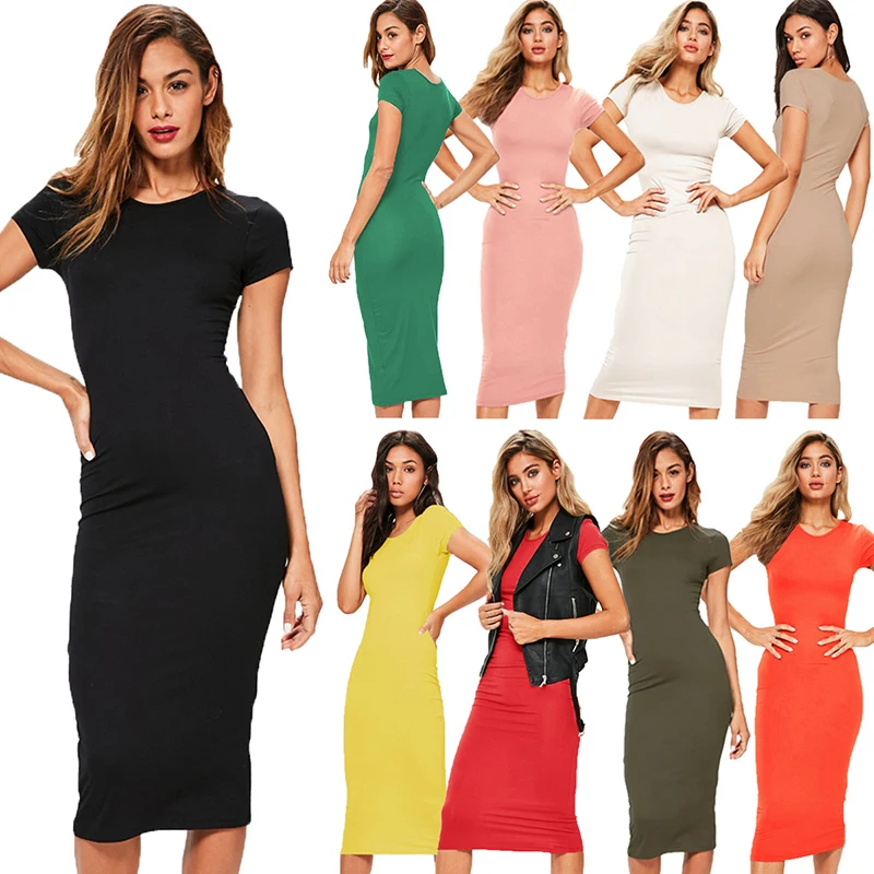 

2021 Summer Fashion O Neck Short Sleeve Bodycon Package Hip Club Women's Mid Dress New Casual Solid Slim Empire Ladies Dresses