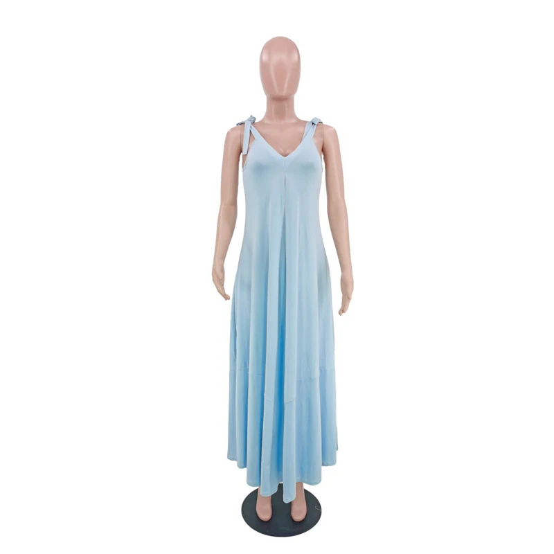 

Women Casual Loose Dress Summer New Sleeveless Spaghetti Strap Solid Color Dress Flowy Hem Long Dress