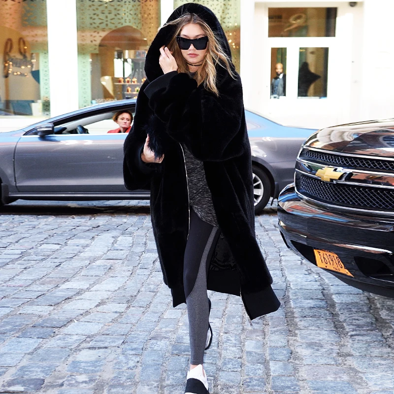 

Women Winter New Female Fashion Long Sleeve High quality Zipper Hoodied Warm Thicken Long Overcoat Faux fur Loose coat C 786