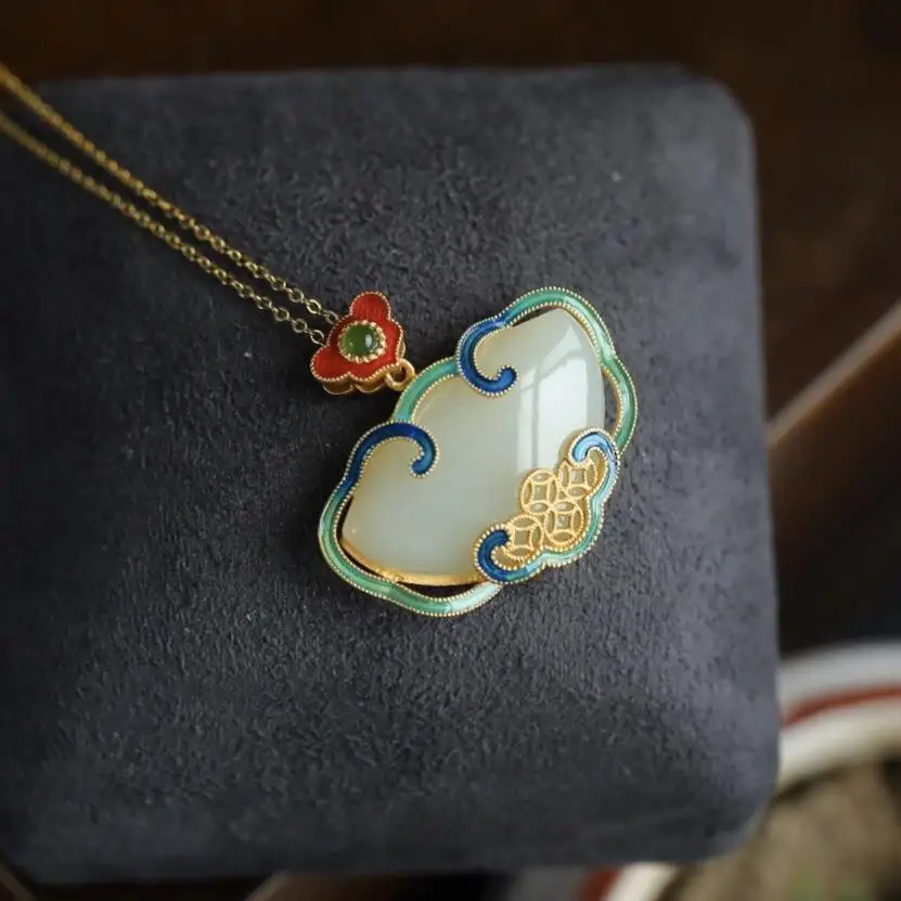 

Court Style Tian-Tsui Chinese Style Burnt Blue Sterling Silver Gilding Burnt Blue Natural Hotian Jade Pendant Ruyi Ho