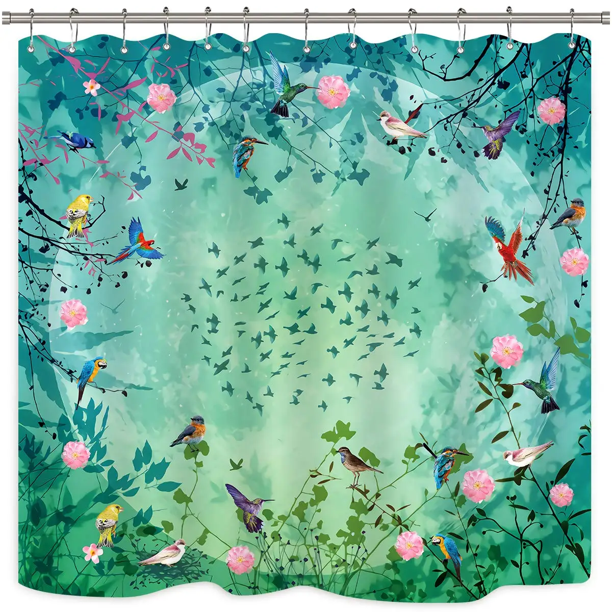 

Tree and Birds Shower Curtain Panel Flowers Blooming Floral Green Pink Art Printed