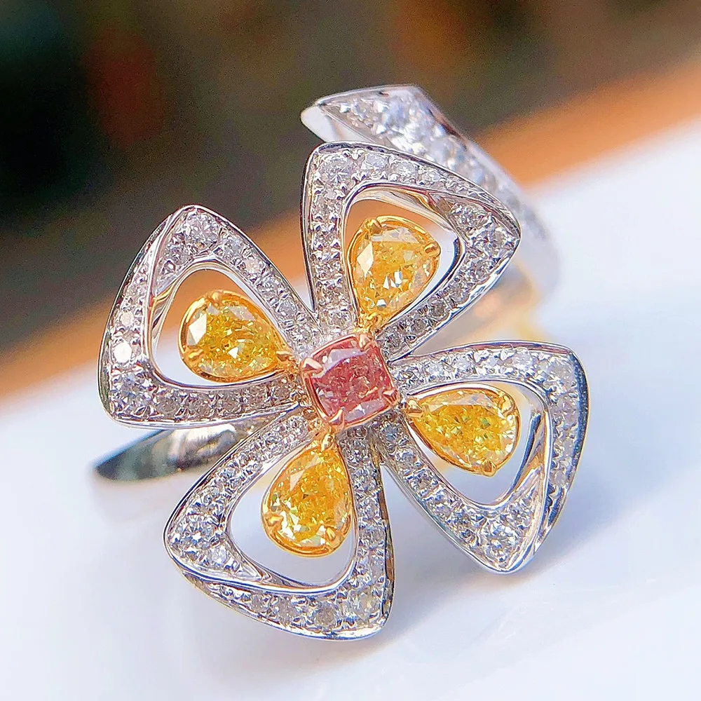 

Clover Flowers Yellow Crystal Citrine Gemstones Diamonds Rings for Women 18k White Gold Filled Silver Jewelry Bijoux