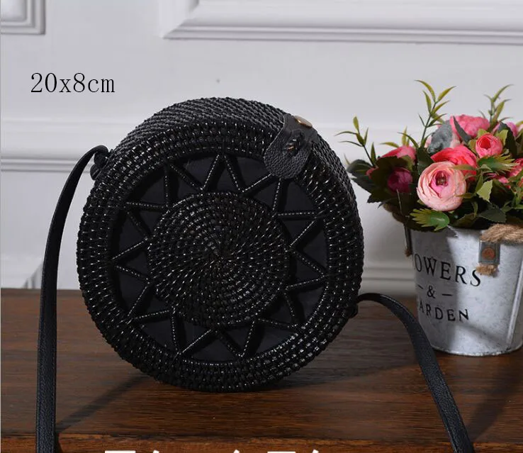 Black C 20x8cm Солнечный пляж, ручные тканые сумки, круглая сумка с пряжкой, Ротанговые соломенные сумки, ранец, богемная пляжная круглая сумка - Цвет: Black C 20x8cm