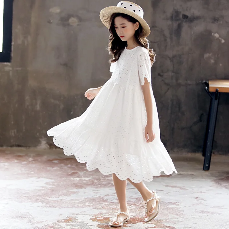 

2020 Summer White Lace Girls Princess Dress Kids Hollow Out Lace Party Frocks For Teenage Girl Birthday Bridesmaid Costume