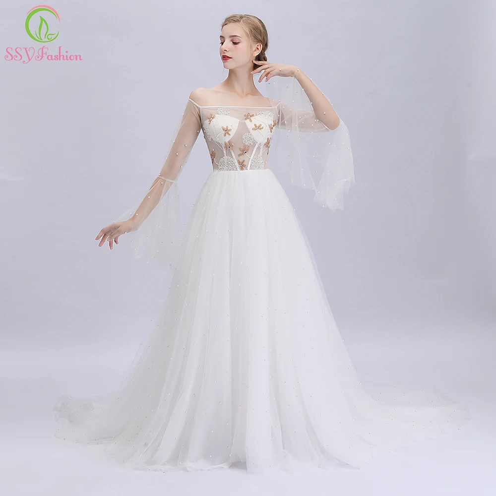 SSYFashion 2019 новое белое вечернее платье lllsion с вырезом лодочкой блестками бисером со