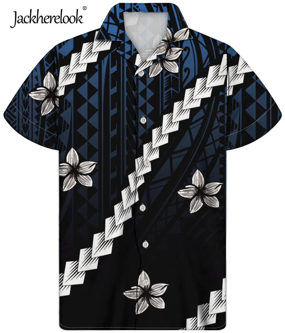 

Jackherelook Loose Hawaiian Shirts Polynesain Tattoo Hibiscus Plumeria Print Summer Short Sleeve Tops Shirt Men Clothing 2021