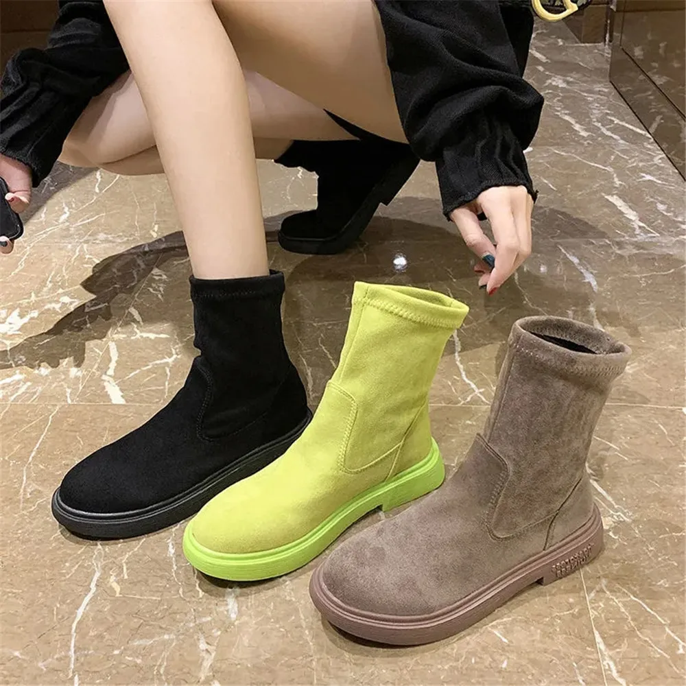 

2022 Newest Suede Stretch Slim Booties Female Ankle Boots Candy Colors Block Shoes Ladies Fashion Non-Slip Footwar Botas Mujer