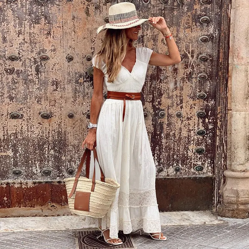 

Summer dress sundress Women Vintage V Neck white tunics Ladies Long Dress Female Hollow Lace Bohemian short sleeve Maxi Dresses