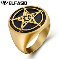 elfasio mens gold plated satanic baphomet goat pentagram devil stainless steel ring vintage symbol jewelry size 7 15