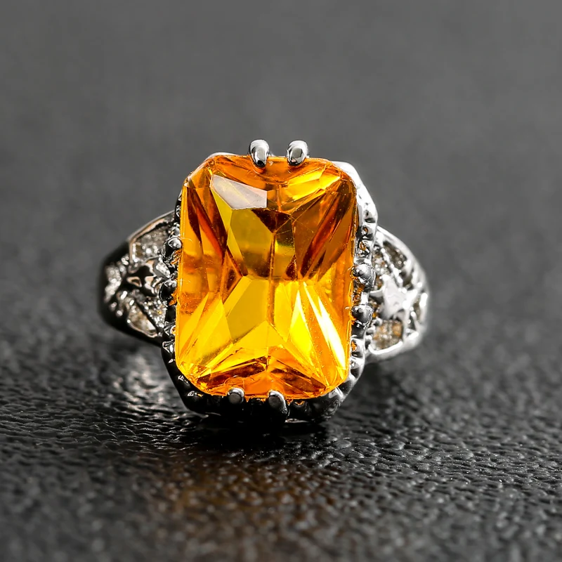 

Gu Li Exquisite Anitique Yellow Stone Rectangle Big Rings For Women Men Vintage Zircon Charm Wedding Bands CZ