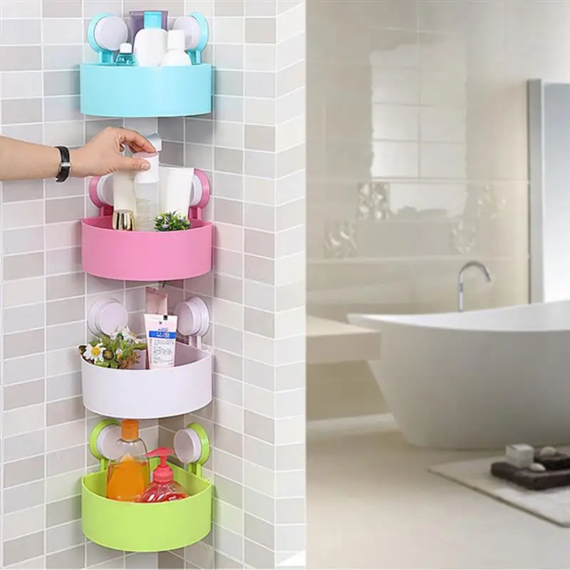 

Vacuum Sucker Bathroom Corner Drain Shelf Storage Rack Wall Mounted Plastic Triangular Shelf Sturdy Organizer Shower Rack