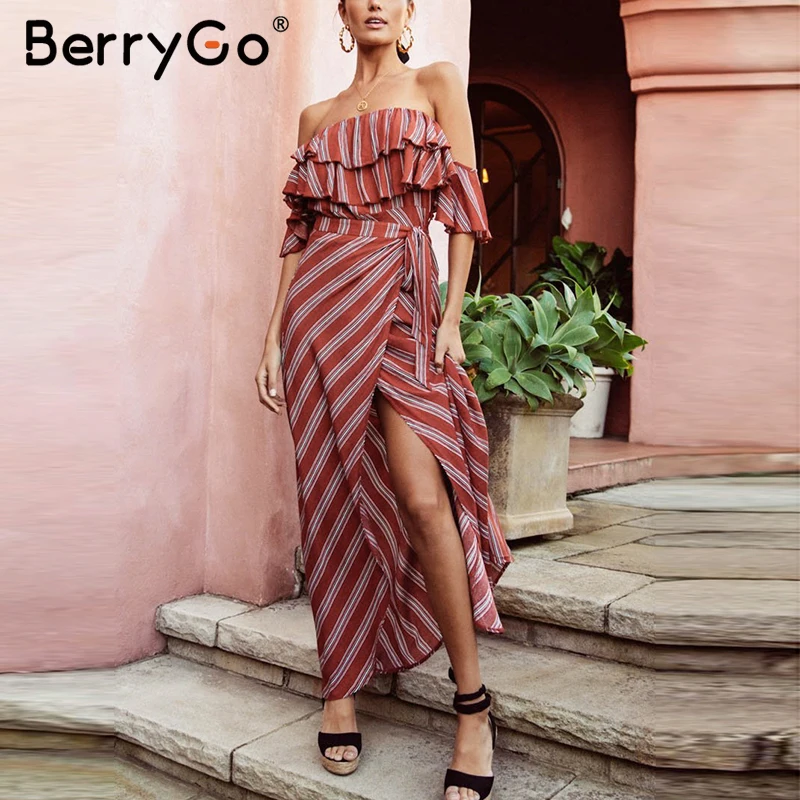 BerryGo, сексуальные полосатые женские платья, длинное льняное платье с открытыми плечами и оборками, летние платья, винтажные женские праздничные пляжные платья