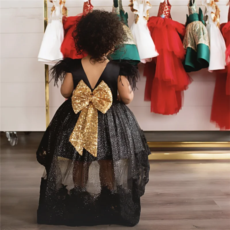 Black Puffy Flower Girl Dress Gold Sequined Bow Feather High Low Girls Birthday Dresses Pageat Gown 12M 18M 24M 6Y 8Y