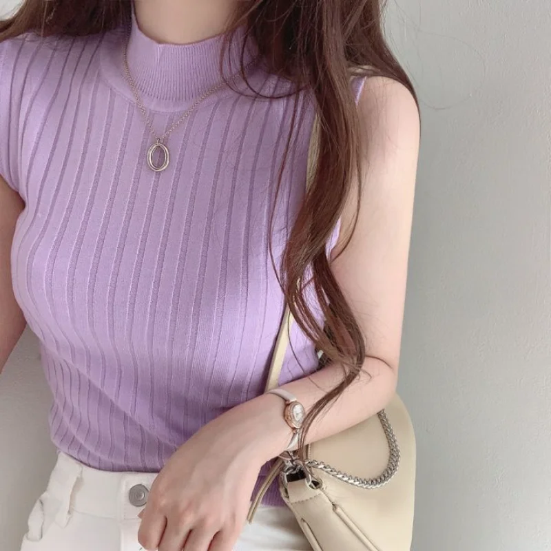 

KUSAHIKI Korean Elegant Stand Neck Sleeveless Knitted Tank Tops Sexy Slim Women Camis 2021 Summer New Solid Tanks 6H833