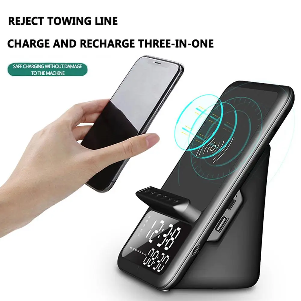 

10 Вт ультрабыстрое Беспроводное зарядное устройство, умный будильник, настольная подставка для телефона с функцией Bluetooth динамика, зарядно...