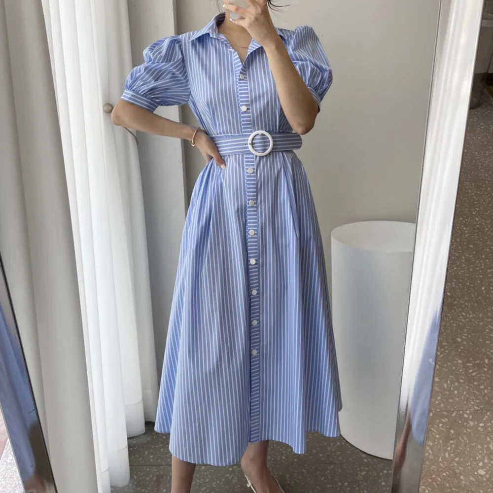 

2021 Summer Korean Fashion New Retro Striped Mid-length Shirt Style Women's Dress Belt Puff Sleeve Single-breasted Lapel