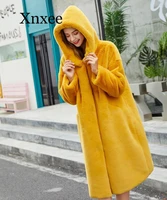 yellow hood x long fur coat female loose thick warm mink fur teddy coat kawaii cute winter imitation velvet russia thick orange