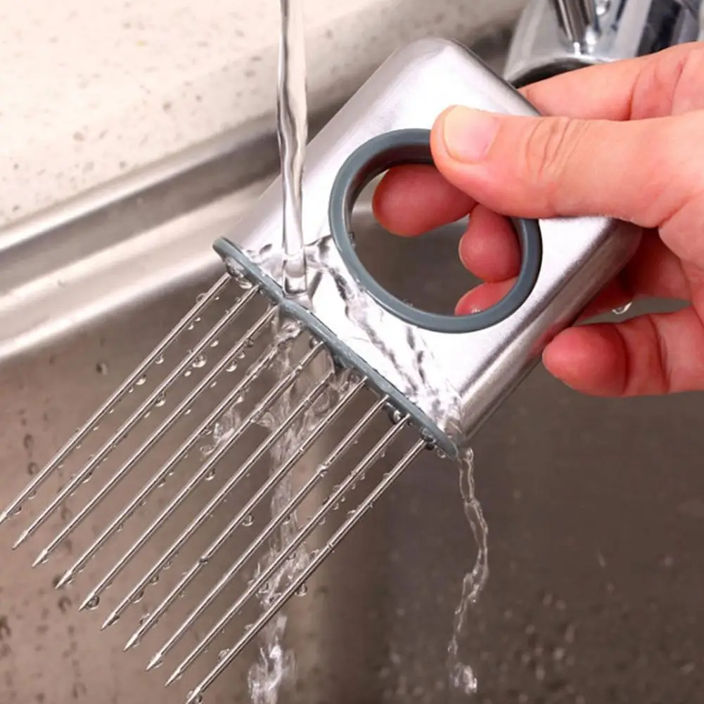 

Steel Onion Needle Food Slice Assistant Vegetable Holder Slicer Cutter Tomato Vegetables Cutter Chop Fruit Knife Q4L0