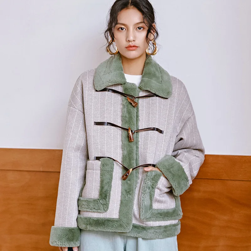 

Winter Women High Quality faux lambswool Fur OverCoats Luxury short casual Thick Warm Plus Size female cloth 2019 grey striped