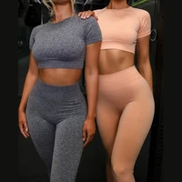 short sleeve sports suit summer gym clothing workout outfit high waist legging crop top seamless knitted yoga clothes suit