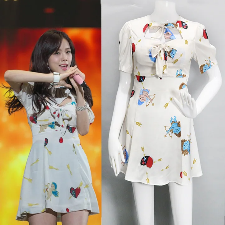 Kpop Blackpink JISOO/Новинка года; летнее уличная одежда; милое белое платье для женщин в Корейском стиле; kawaii; темпераментные платья с бантом; Одежда для девочек