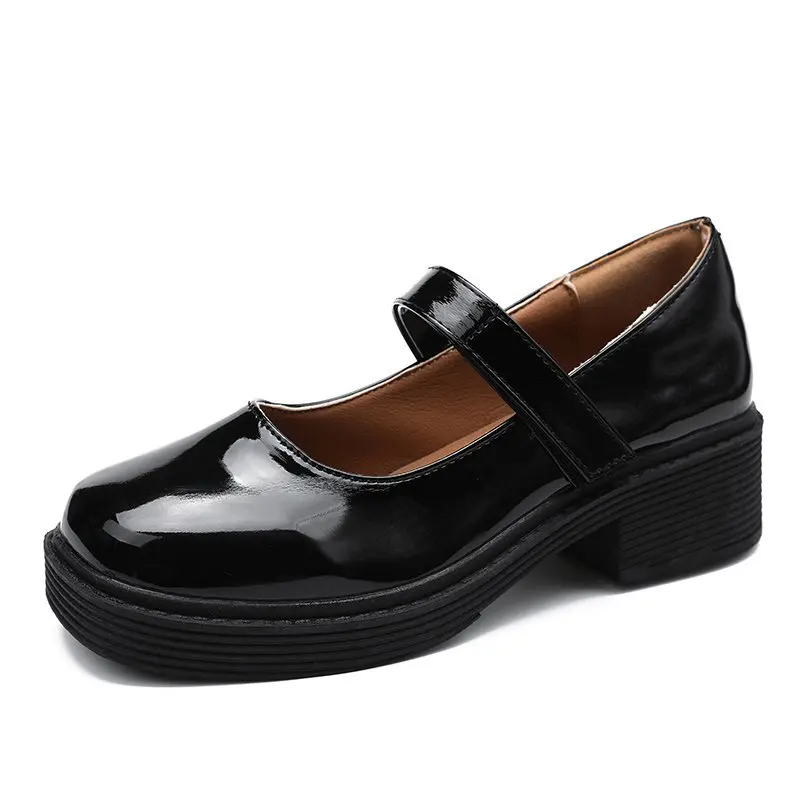 

One Word With Retro Square Toe Small Leather Shoes Spring And Autumn New All-Match Shallow Mouth Velcro Ladies Single Shoes