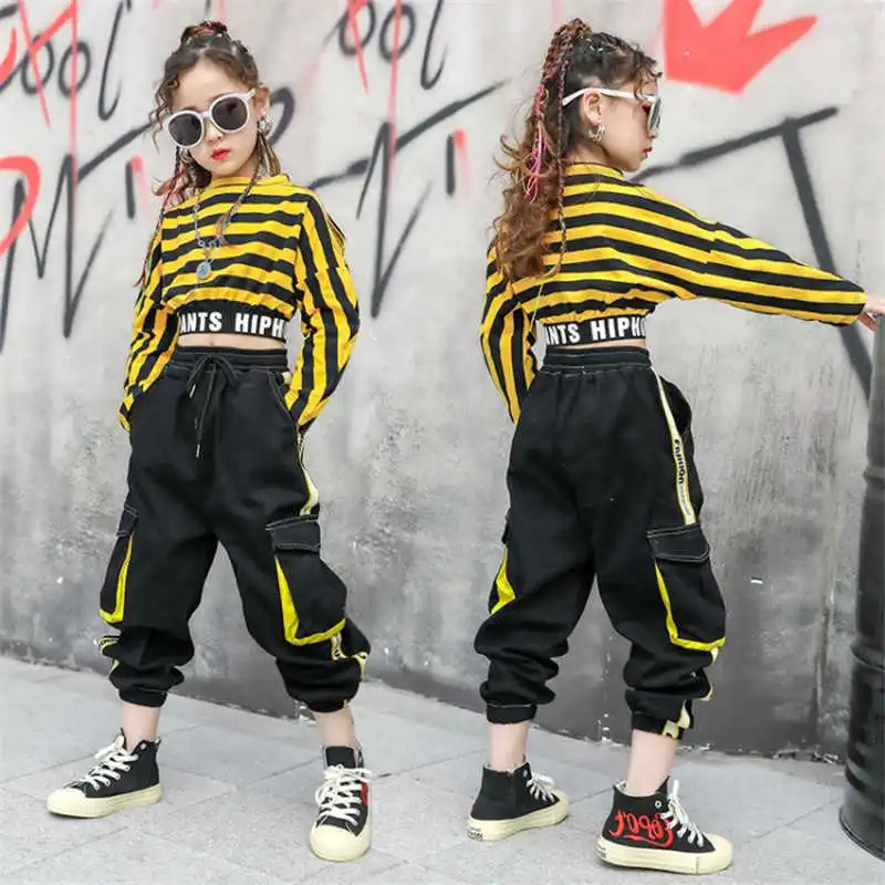 

Hip hop Stripe Clothes Girls Sets Stage Costume Street Dance Jazz Performance Tops Sweatshirt Cargo Pants Teens Girls Kids Suits