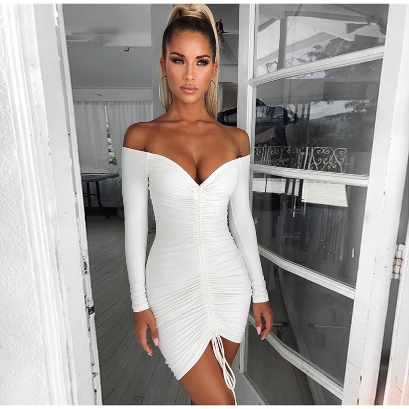 Невозьму 2 слоя осеннее платье Для женщин с открытыми плечами Drawstring Ruched Bodycon платье женские вечерние Клубные пикантные зимнее платье
