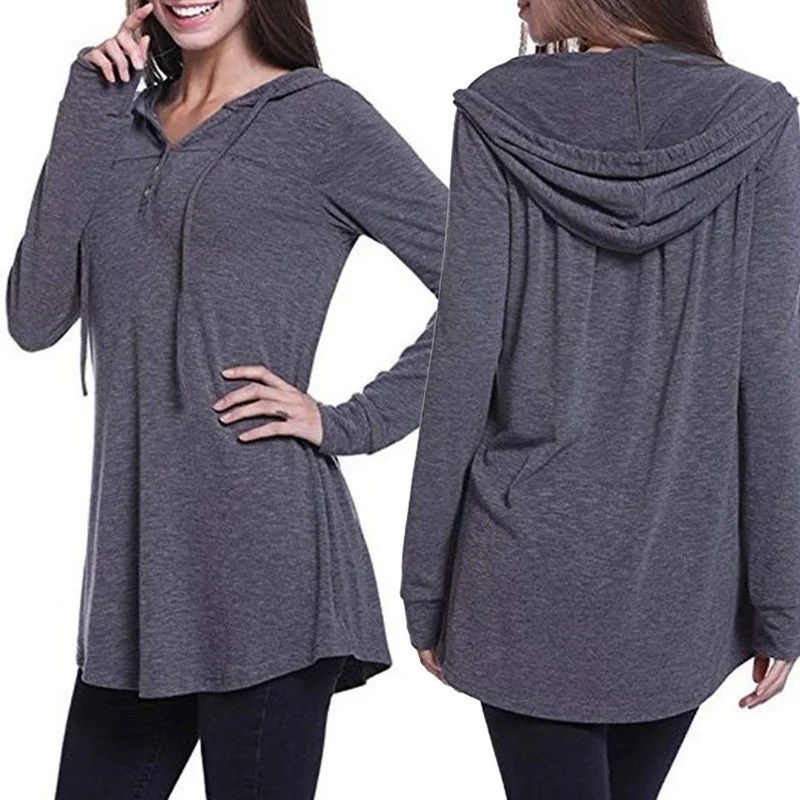 

Tunic Big Size 3xl Sweatshirt Ruched Bust Button Front Hoodie Women Long Sleeve Poleron 2021 Solid Color Hoodie Casual Loose Fit