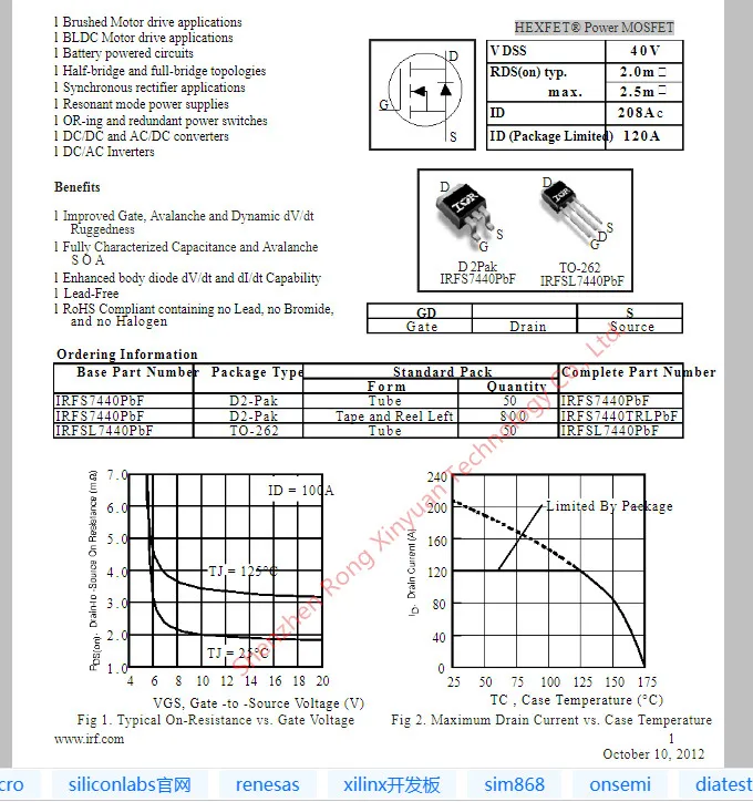 IRFS7440TRLPBF IRFS7440 IRFS7440TRL IRFS7440PBF TO 263 40V 120A 2mohm D2PAK HEXFET®Power MOSFET N 100% Новый