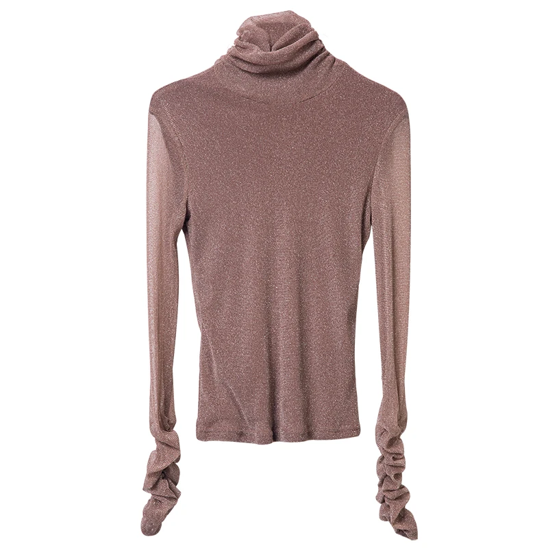 Осенняя шелковая женская блузка с высоким воротником прозрачная сетчатая