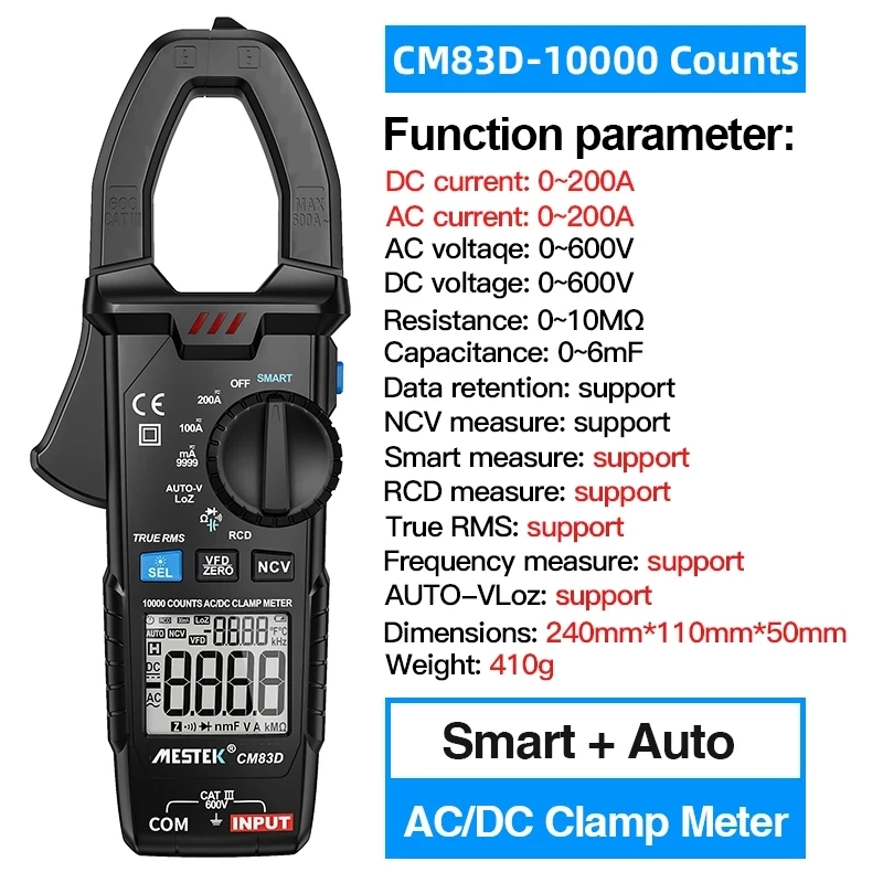 

MESTEK Digital Clamp Meter 600A Current AC/DC Voltage Ohm True RMS Auto Range VFD Capacitance NCV Tester Ammeter Multimeter