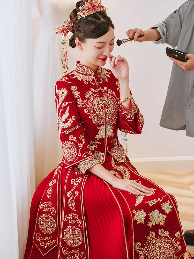 

Plus Size 3XL Bride Wedding Dress Chinese Style Marriage Set Exquisite Cheongsam Chinese Women Costume Vintage Bride Gift