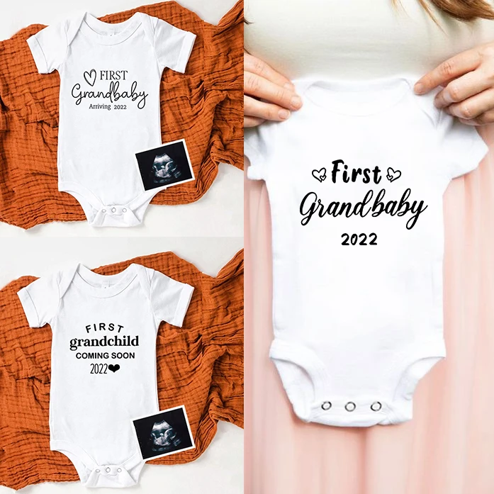

First Grandbaby Arriving 2022 Baby Announcement Bodysuit Jumpsuit Pregnancy Announcement for Grandparents Baby Shower Gift