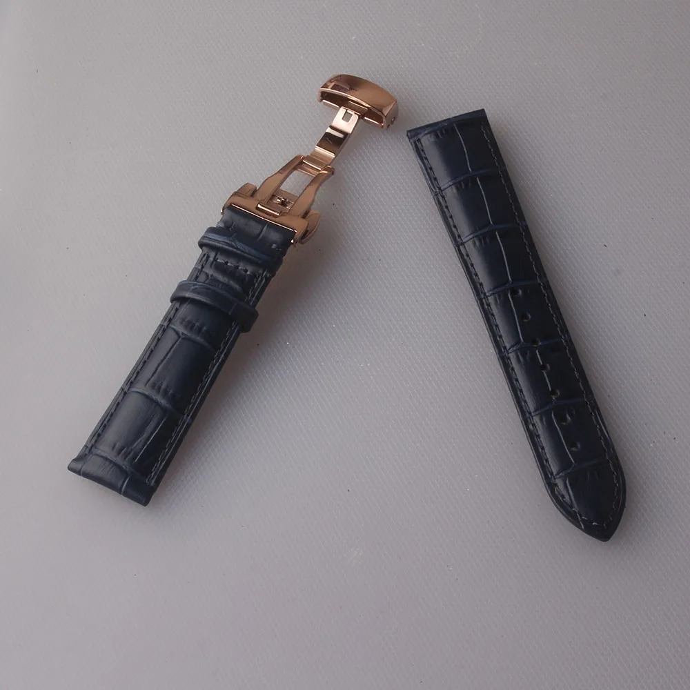 Ремешок из натуральной кожи для часов тёмно синий браслет наручных с застежкой