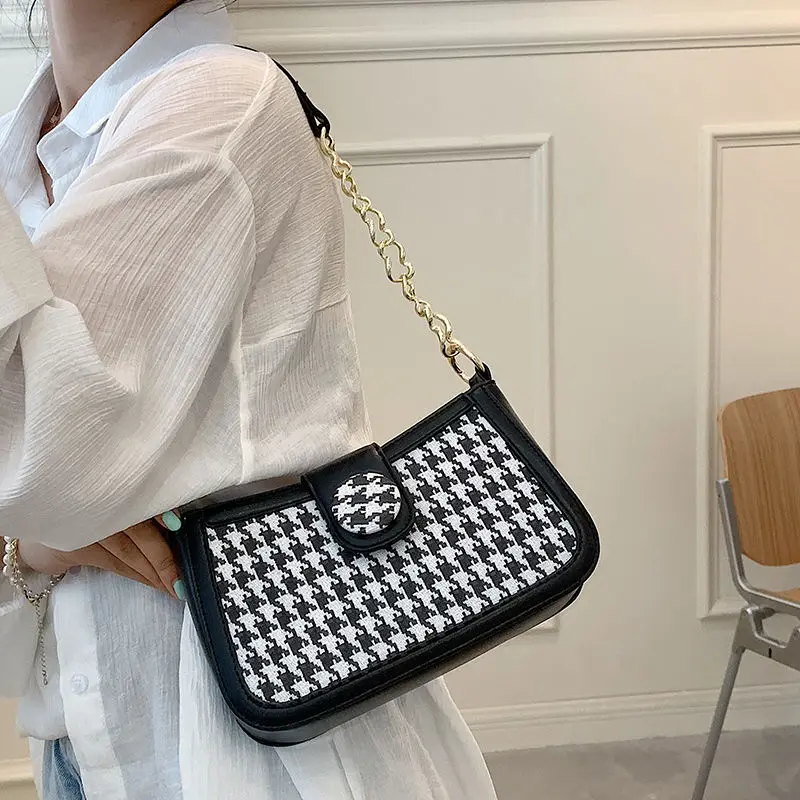 

2021 Autumn Winter Fashion Women's Cosmetic Bag PU Leather Houndstooth Small Woman Handbag Single Shoulder Armpit Bag Uncle Nine