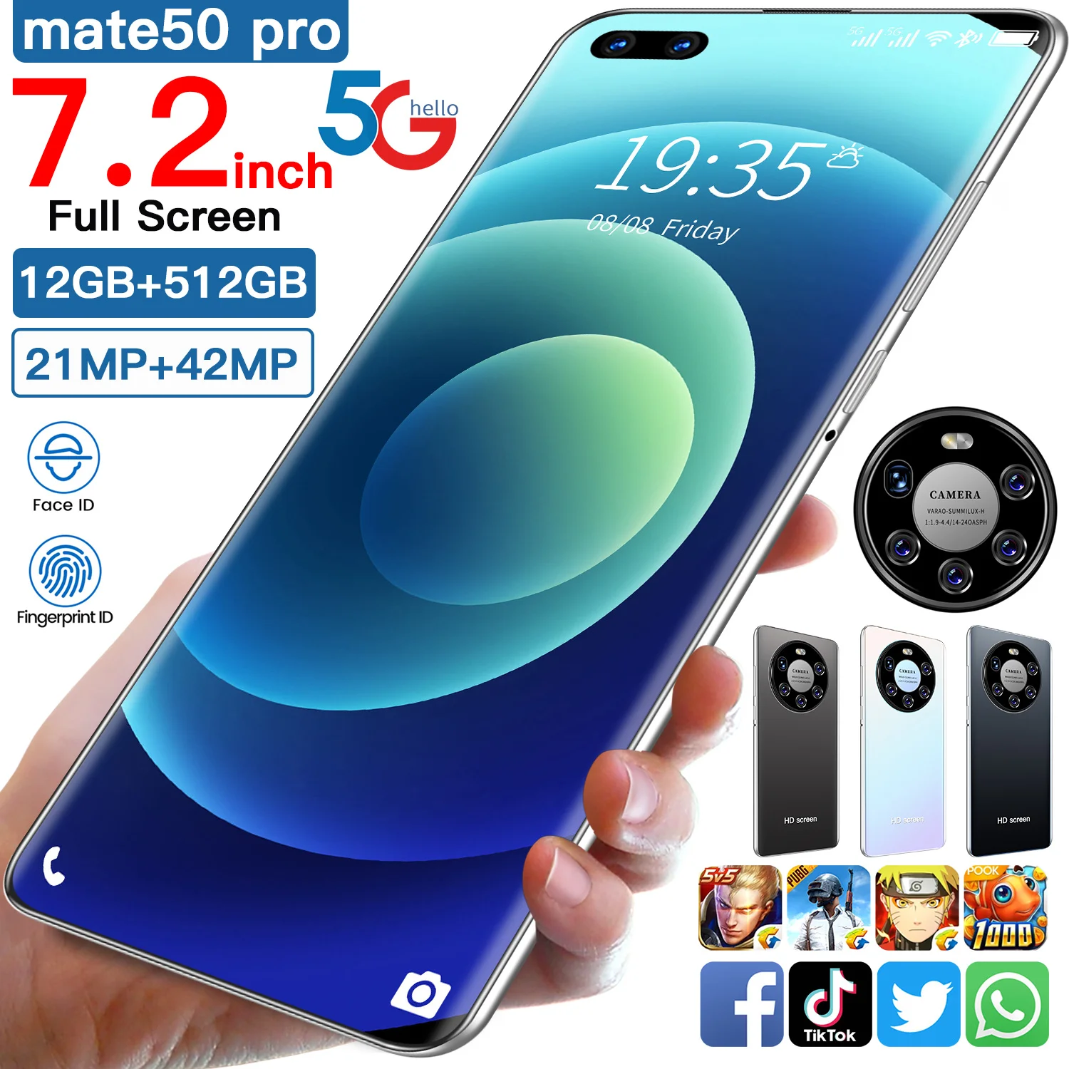 2021 новейший смартфон Коврики 50 Pro 12 Гб оперативной памяти 512 Rom Dual SIM