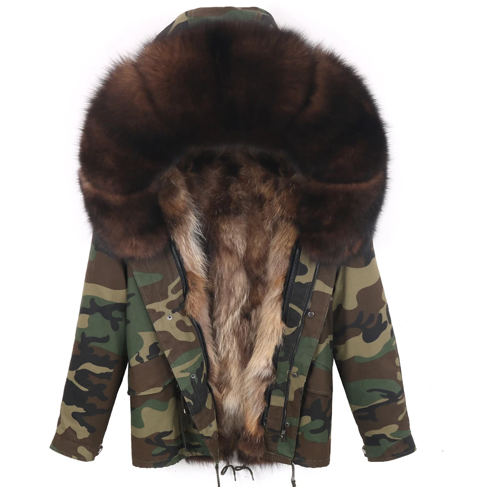 Women Winter Real Fox Fur Coat Big Natural Raccoon Fur Hood Thick Warm Streetwear Parkas Camouflage Real Fur Jacket Detachable