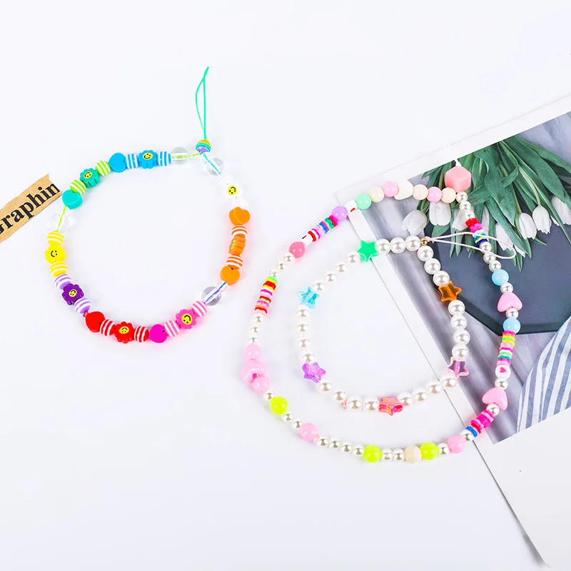 Rainbow Color Star Beaded Mobile Phone Straps Fashion Soft Ceramic Fruit Chain Ladies Anti-lost Key Lanyards Girls Jewelry