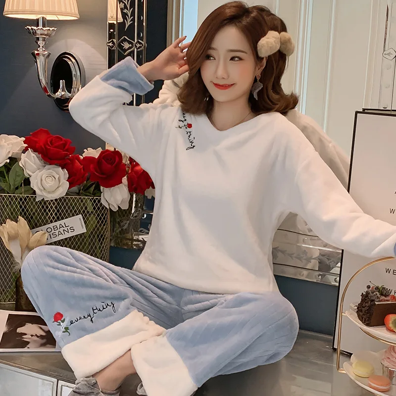 Женские пижамные комплекты 2019 осенне-зимние пижамы фланелевая Толстая теплая