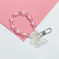 butterfly flower keychain trendy transparent bead lanyards keyring mobile phone chains for women car keys bag decor pendant
