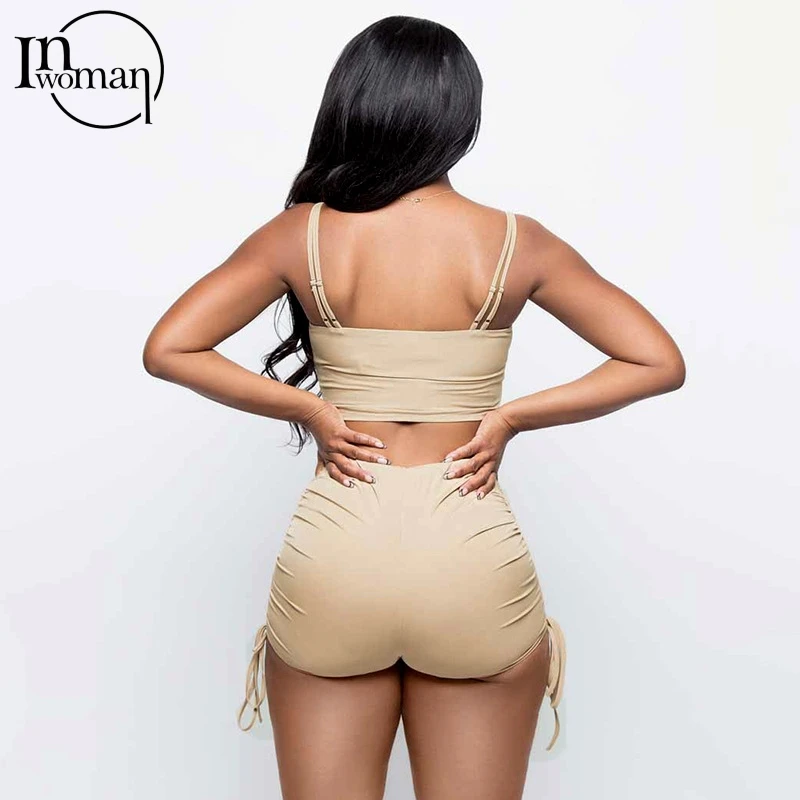 

Inwoman Sexy Two 2 Piece Women Summer Outifits Ladies Matching Sets Sleeveless Bodycon Ruched Lace Up Crop Top And Shorts Sets