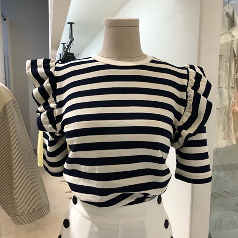 

OLOMLB Black White Stripe T Shirts Women Korean Y2k Ruffles O Neck Short Sleeve Ladies Top Summer 2021 Loose Casual Female Tee