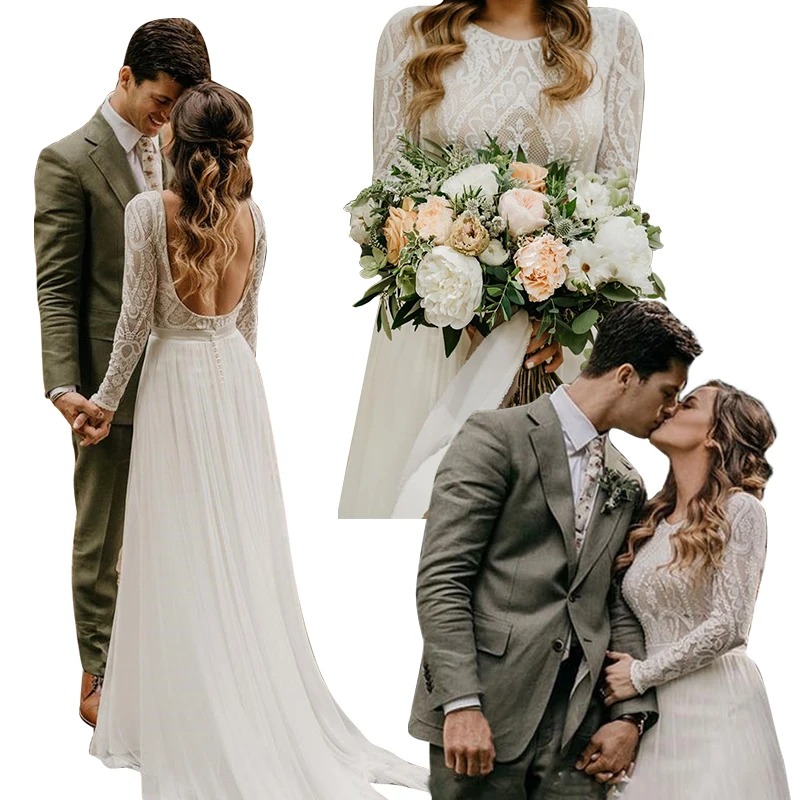 Богемные кружевные пляжные свадебные платья с длинным рукавом и открытой спиной