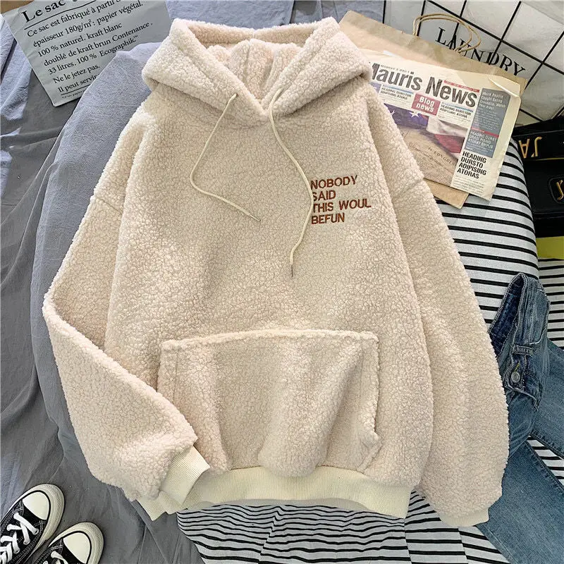 

New Autumn Women Cute Hoodies Couples Fleece Sweatshirt Thick Warm Teddy Sweatshirt Loose Pullovers 2021 Fashion Tops Jumper