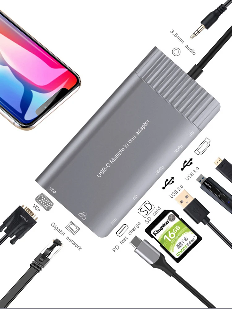 

Gigabit 8-in-1 TYPE-C HUB Docking Stations USB Multi Splitters USB3.0 SD cards VGA HDMI-compatible RJ45 3.5mm for MacBook Huawei