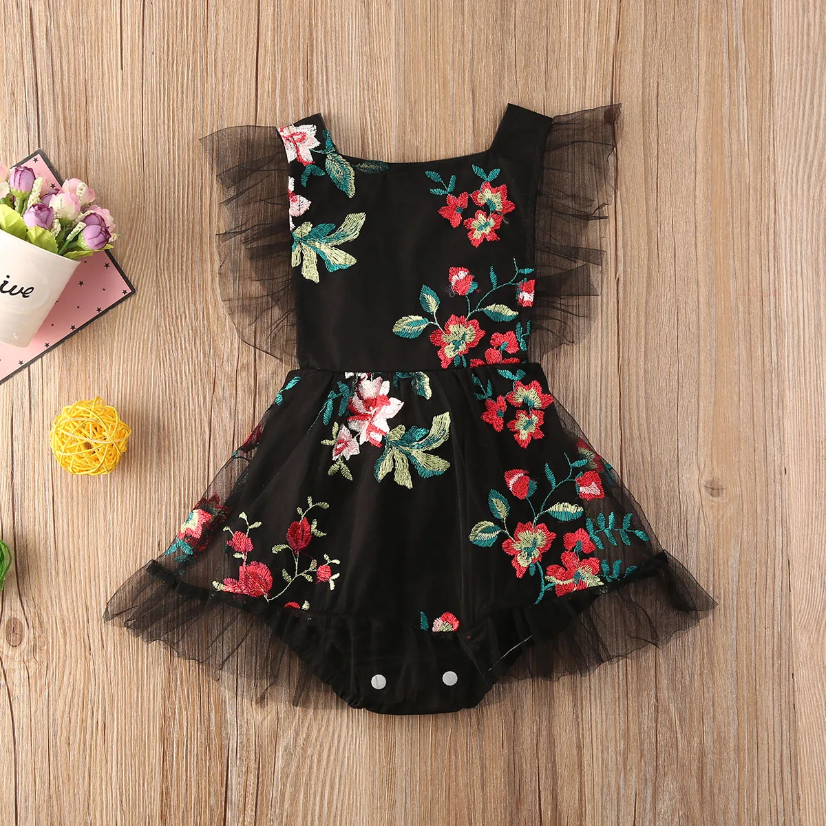 

Newborn Baby Girl 0-24M Clothes Flower Print Sleeveless Lace Tulle Ruffle Backless Romper Jumpsuit One-Piece Outfit Sunsuit
