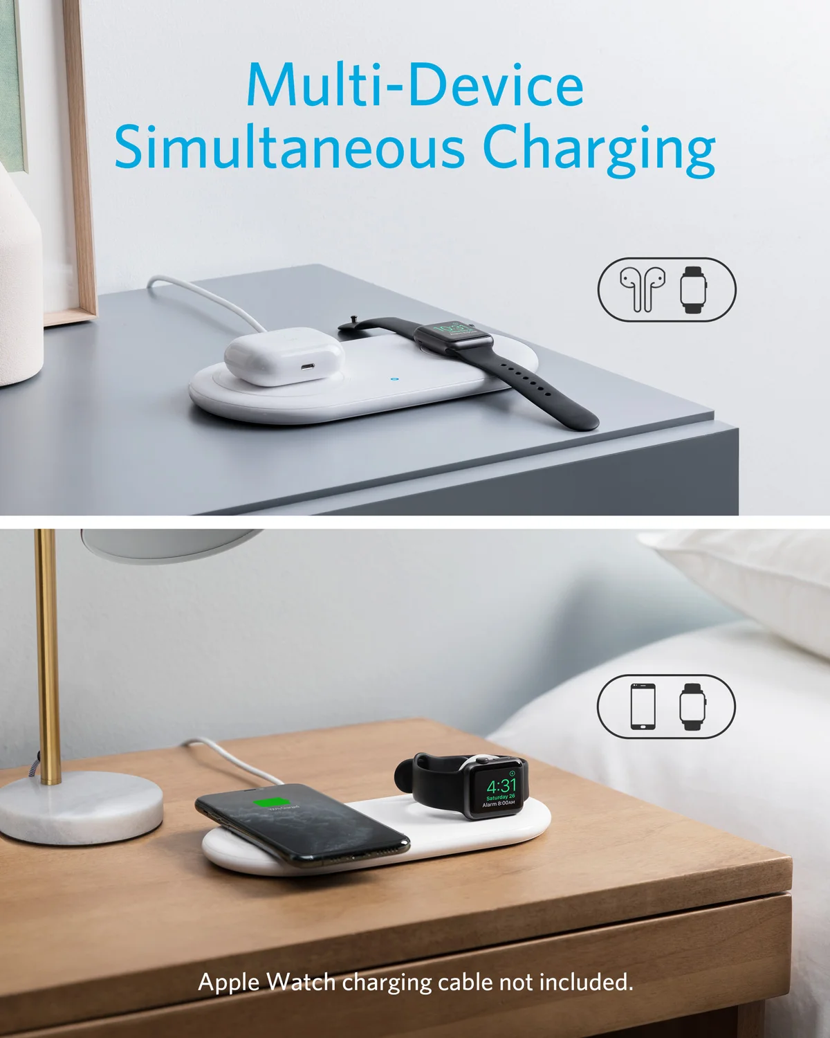 Беспроводная зарядная станция Anker 2 в 1 PowerWave + Pad с держателем для Apple Watch 5/4/3/2